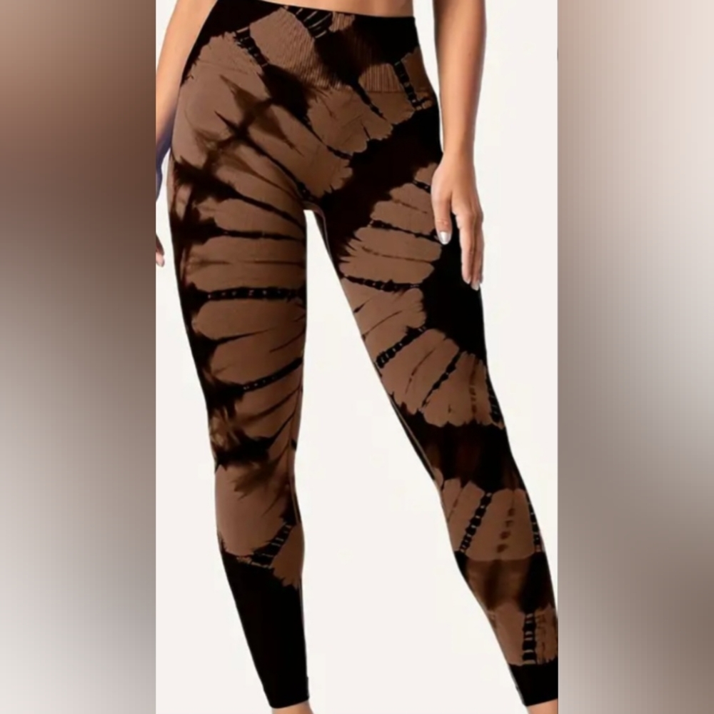 S/M Womens Seamless Tie Dye Leggings Brown Black